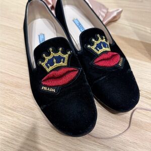 Prada Black Velvet Loafers with Red and Gold Embroidery
